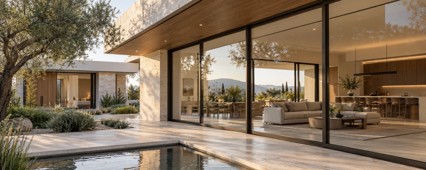 Illustrative architectural scene showing aluminium window and door systems